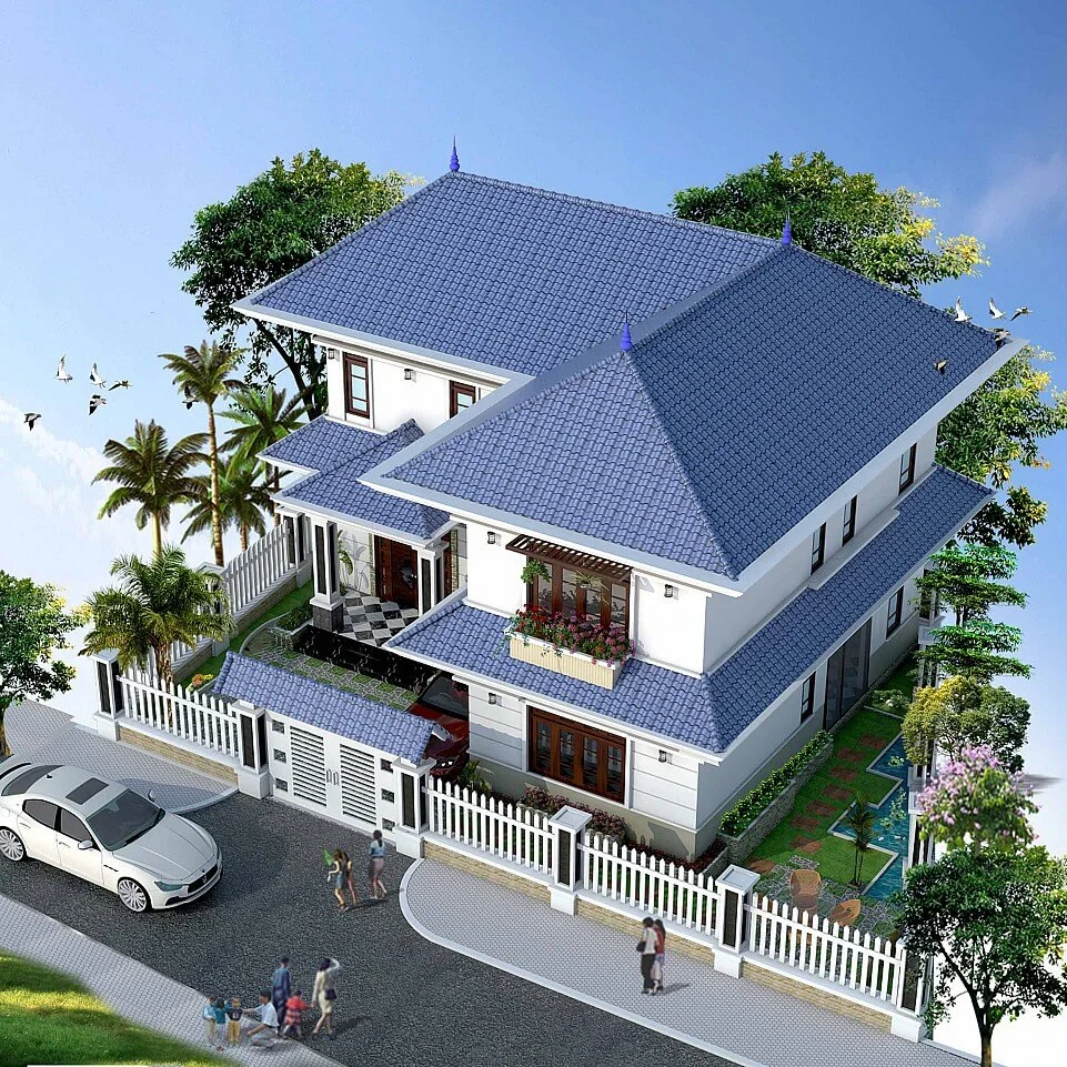 Thiết kế nhà 2 tầng nông thôn kiểu sân vườn