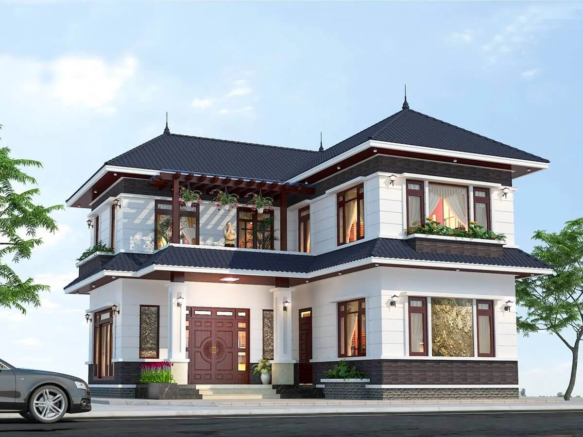 Thiết kế nhà 2 tầng chữ L mái thái mang đến một vẻ đẹp nhẹ nhàng, thân thuộc