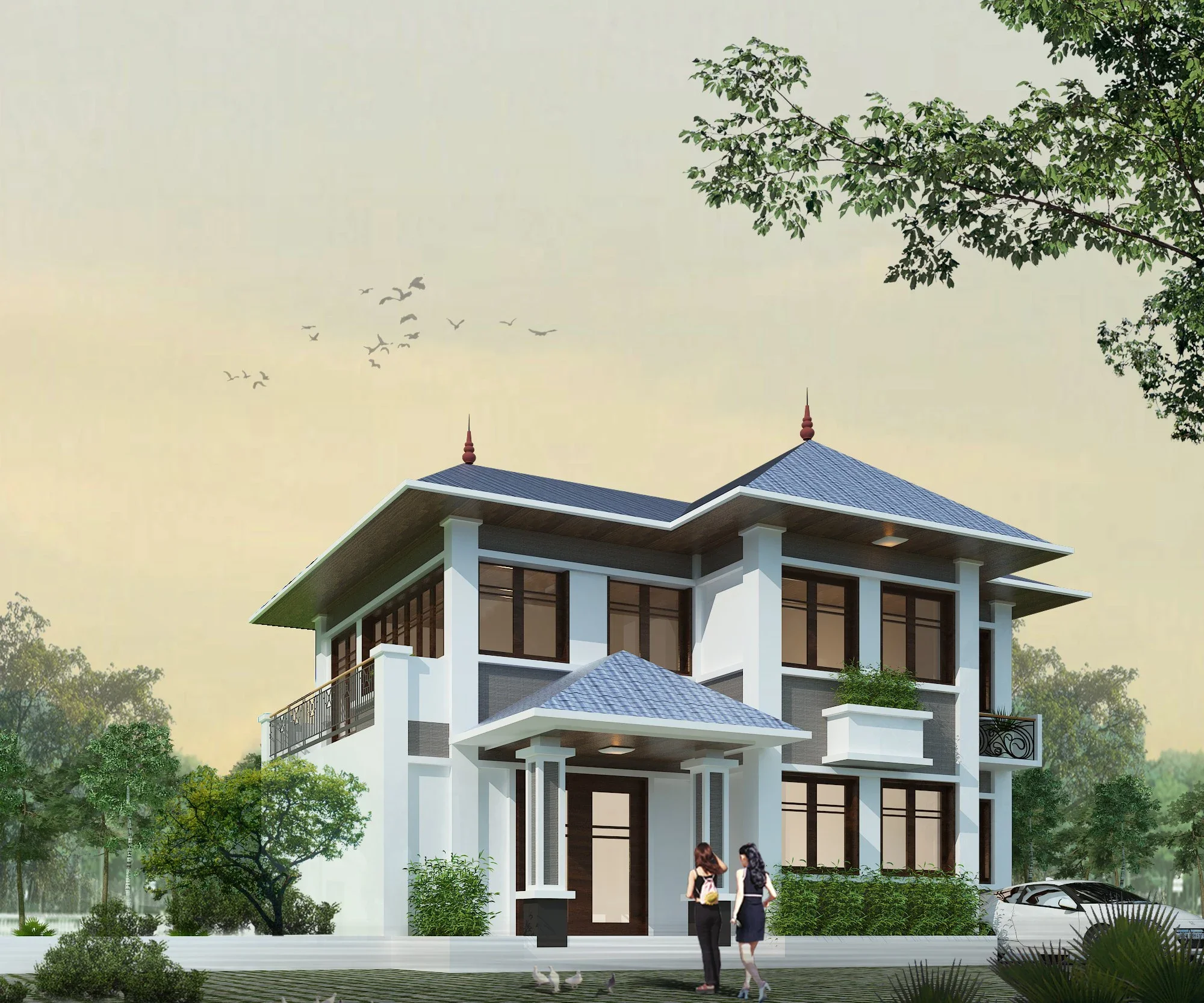 Thiết kế nhà vuông 2 tầng mái thái sang trọng và hiện đại
