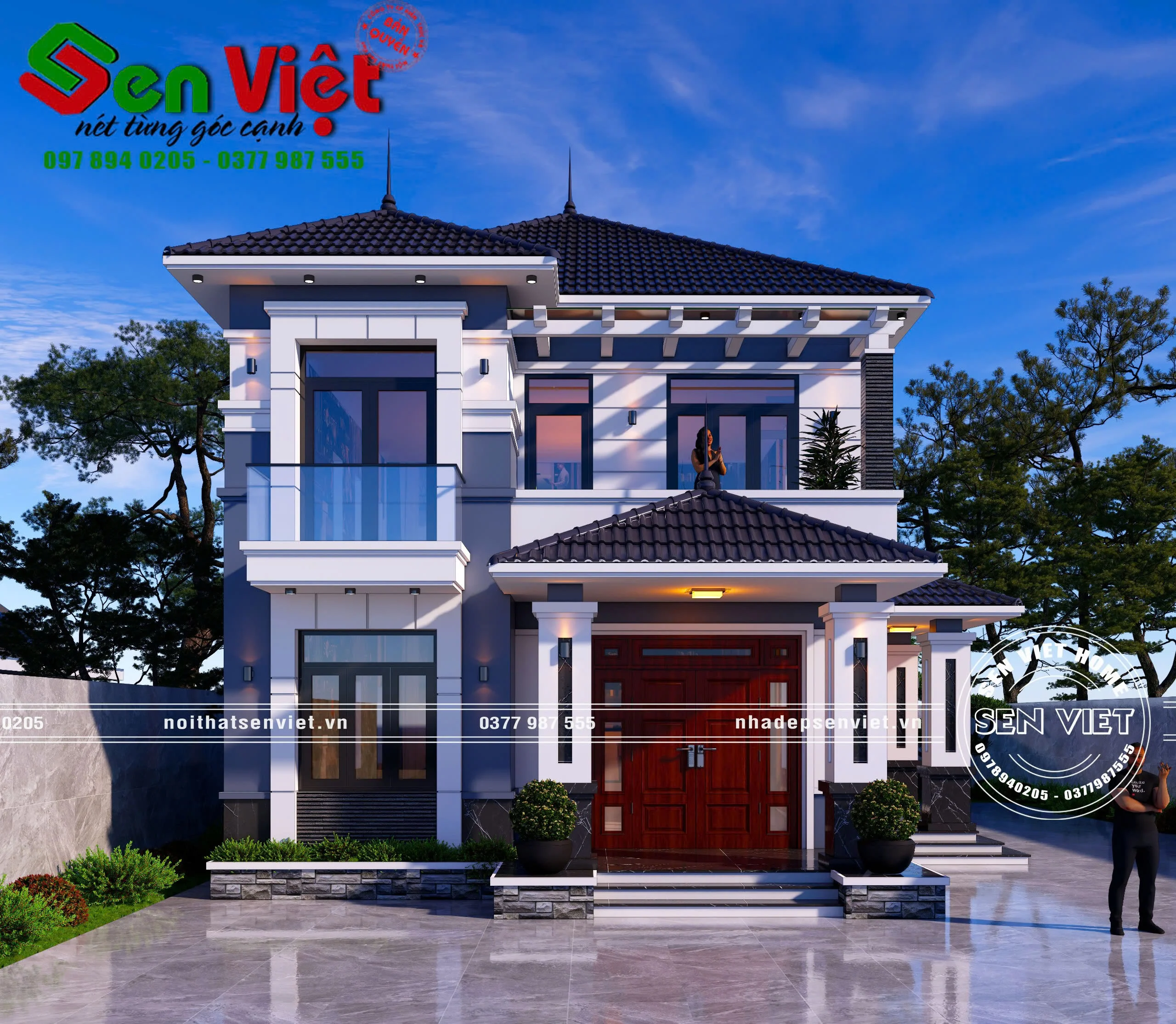 Mẫu nhà 2 tầng đẹp với phong cách kiến trúc hiện đại và mái thái ấn tượng