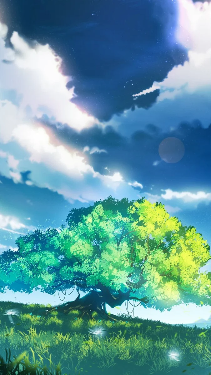 Hình nền đt đẹp với phong cảnh cây cổ thụ phong cách anime