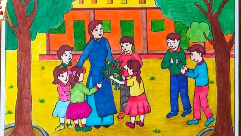 Tranh vẽ 20 11 đơn giản đẹp học sinh tặng hoa cô giáo dưới sân trường