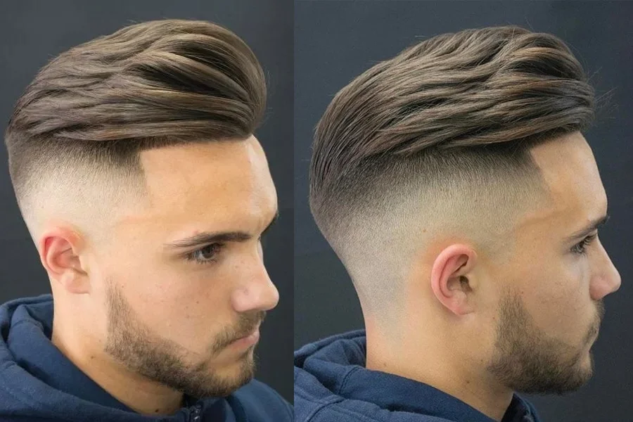 Man with short slick back haircut pompadour hairstyle