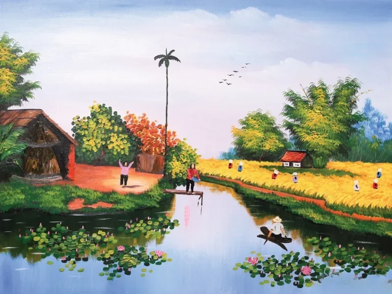 Nhà tranh bên sông, thuyền nan, hàng dừa và bầu trời hồng hoàng hôn