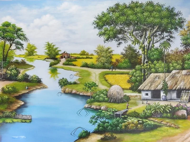 Cảnh làng quê thanh bình bên sông, cầu gỗ và mái tranh ẩn hiện sau tre