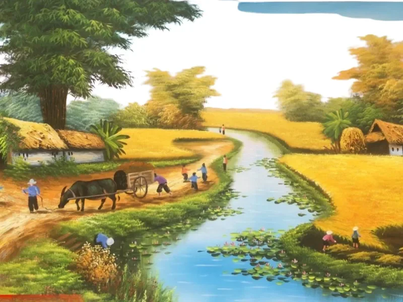 Ruộng lúa chín vàng, người nông dân đội nón lá gánh lúa