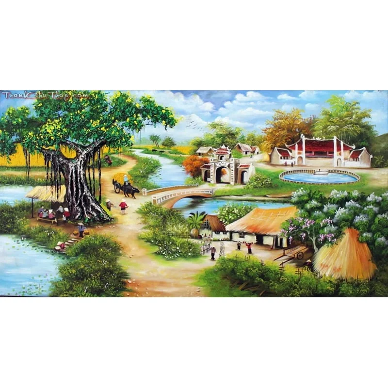 Tranh phong cảnh làng quê với cây đa bến nước sân đình