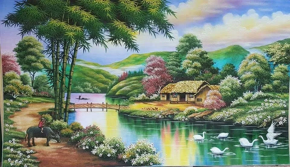 Tranh đồng quê với phong cảnh sông nước và đàn thiên nga