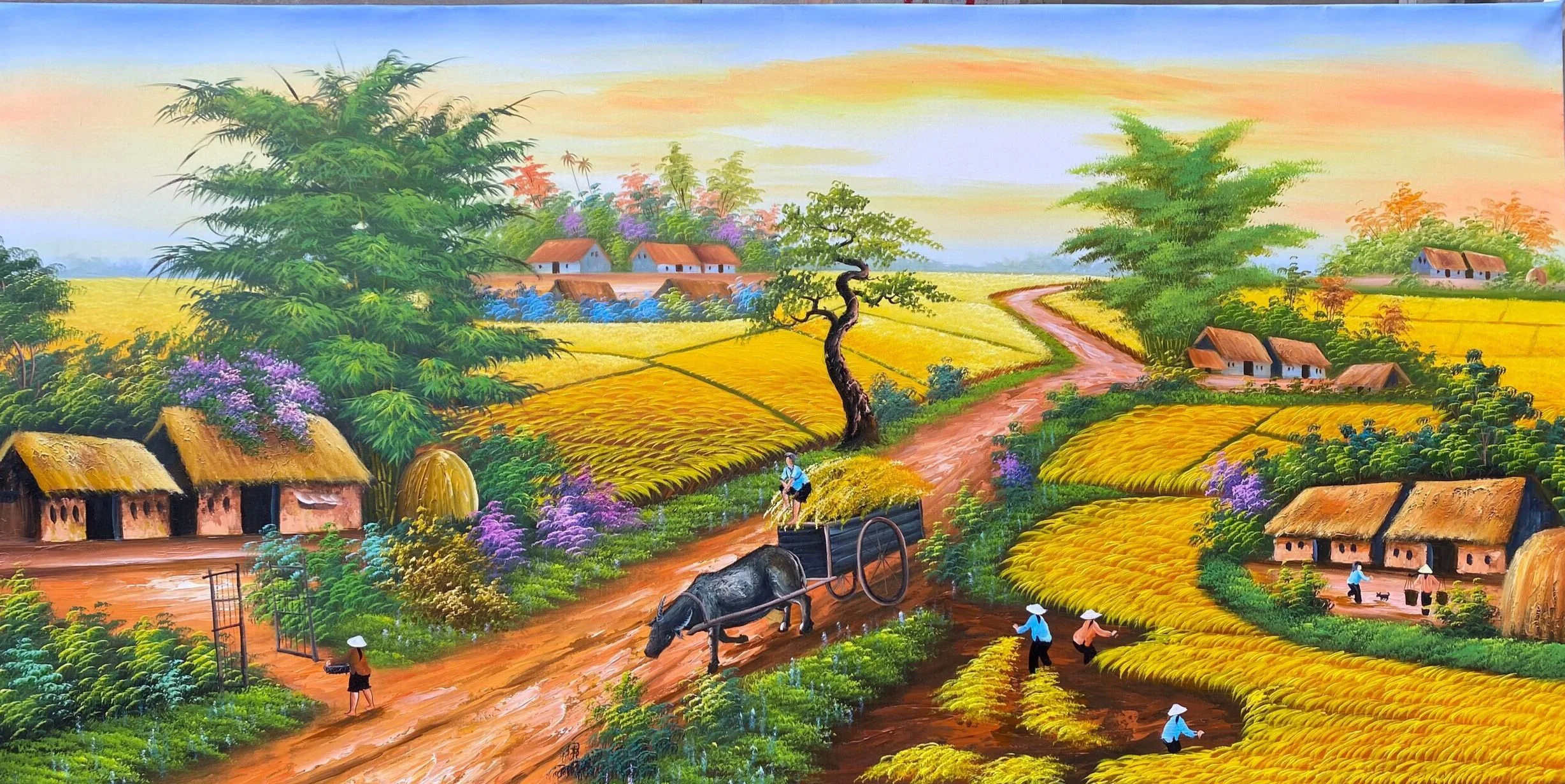Tranh phong cảnh làng quê với người nông dân và xe bò