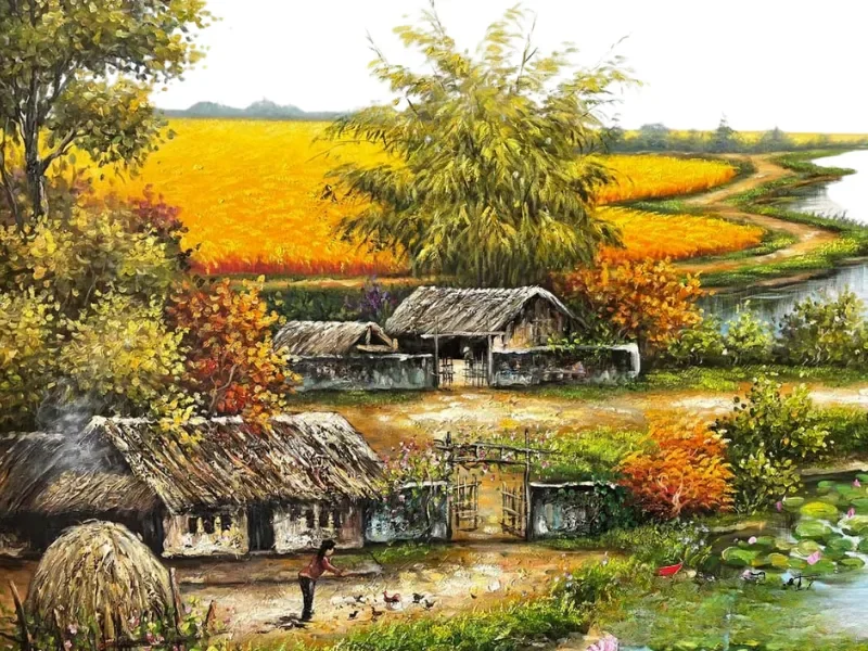 Sơn dầu sắc nét ruộng lúa, ao cá, mái ngói, và tháp chuông chùa xa xa